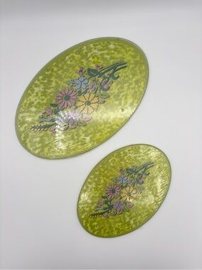Two Oval Glass Trivets Temp-Tations Bouquet Green Discontinued Sealed